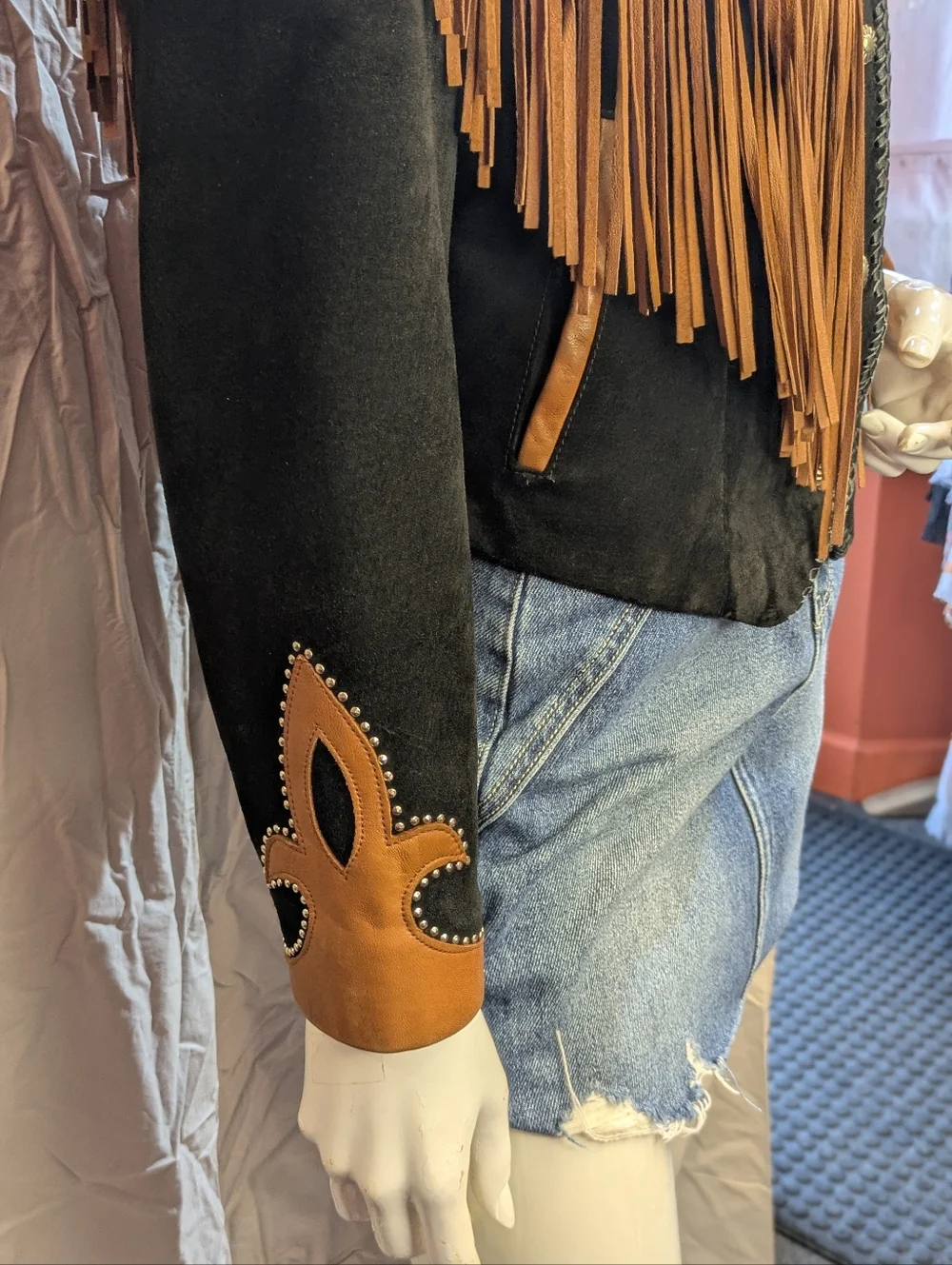 Vintage Diamond Leather Black And Brown Western Jacket Fringe Studs Made In USA - Picture 2 of 10